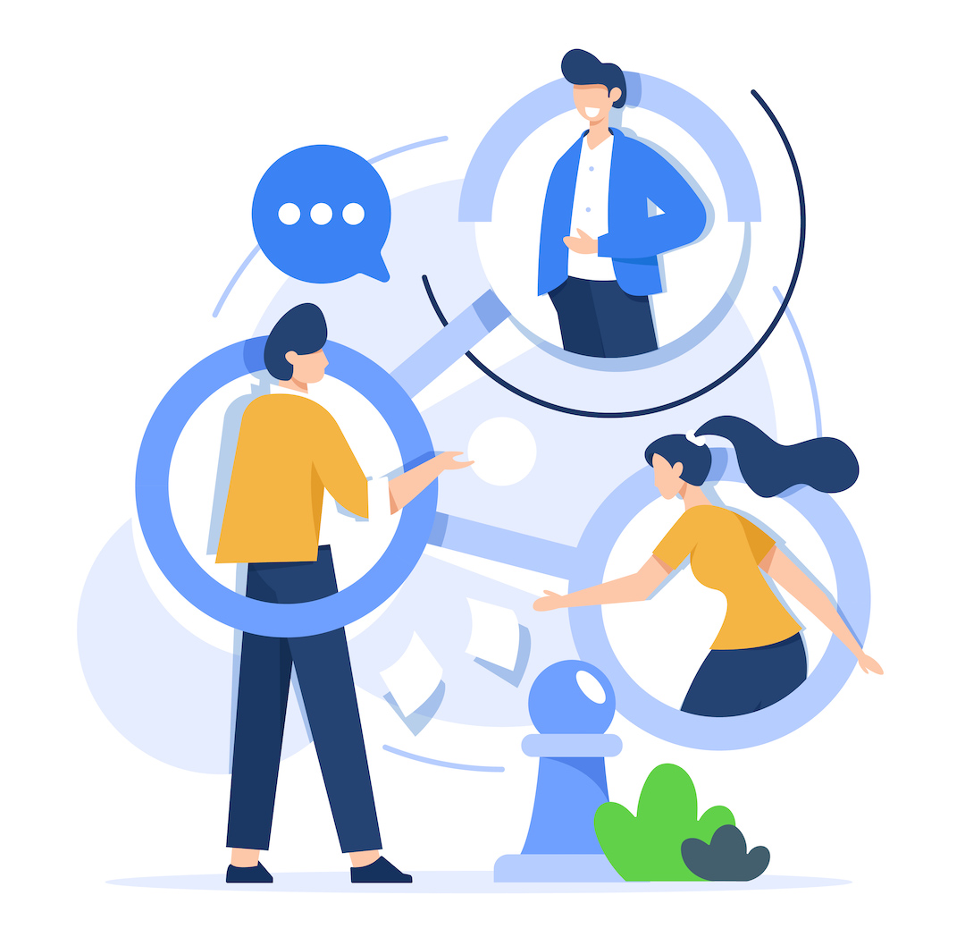 illustration représentant un groupe de personnes interagissant les unes avec les autres dans un contexte professionnel. Des flèches illustrent l'impact réciproque des interactions