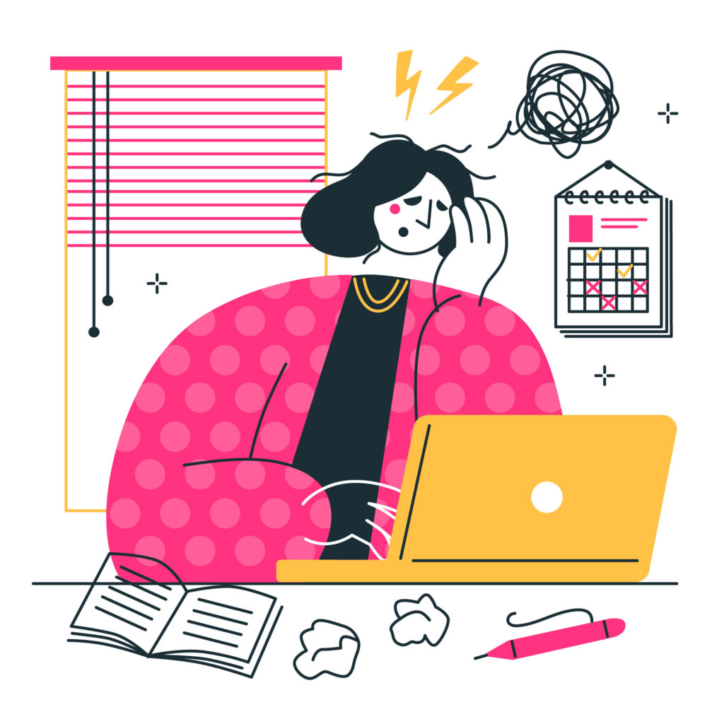 illustration montrant une femme au travail, stressant devant son ordinateur et un cahier