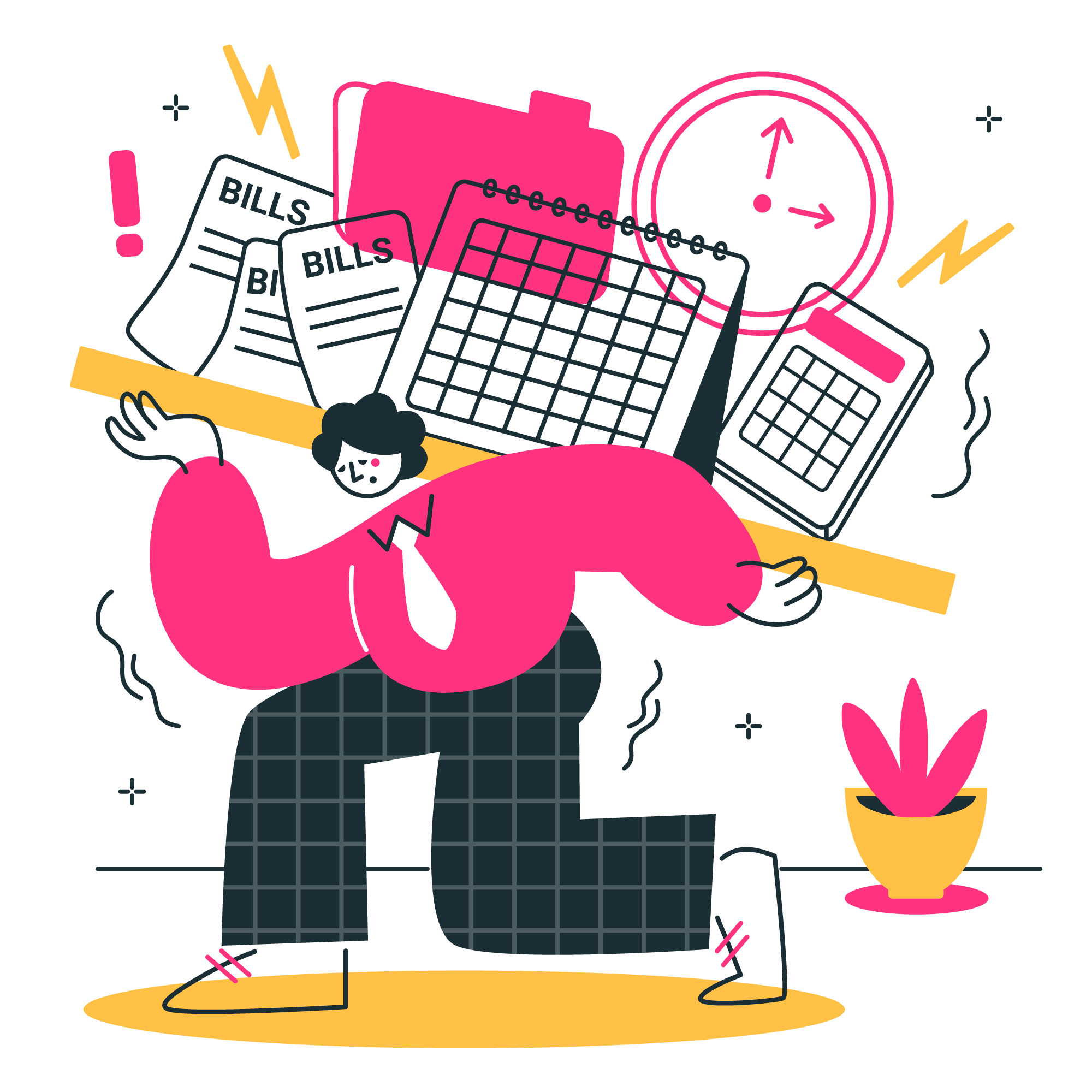 illustration montrant une personne portant avec difficulté une planche sur laquelle on voit des calendriers, une calculatrice, des listes une horloge pour illustrer le concept de surcharge de travail