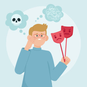 Homme avec 2 masques à la main, l'un exprimant de la tristesse et l'autre de la colère. Il a aussi des idées noires.